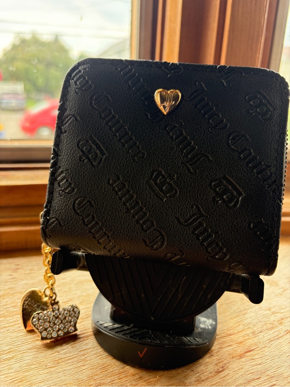 Juicy Couture Black Embossed Mini Wallet with Gold Heart & Crown Charms